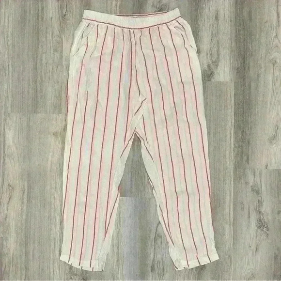 C&C California Pants - C&C California 100% White Striped Linen Pull On Pants Tapered Leg Casual Size M